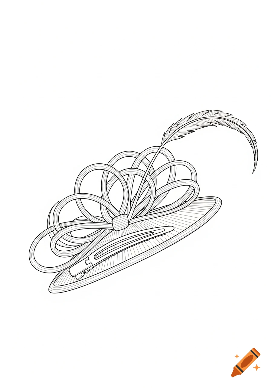 A simple line drawing of a fascinator clip featuring a looped design, a small bow, and a curving feather.