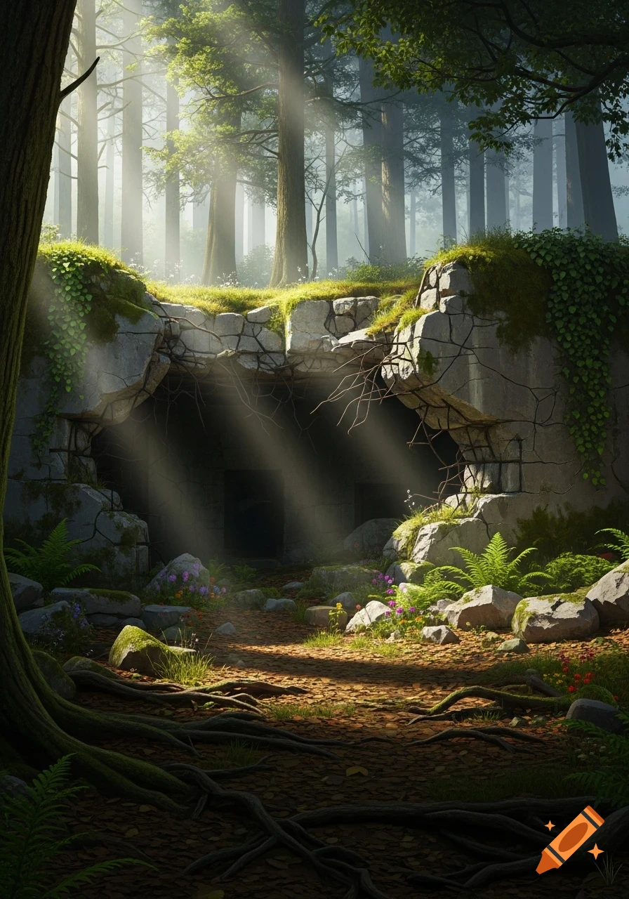 Photorealistic scene of sunbeams illuminating a path towards a ruined concrete bunker covered in moss within a dense, misty forest.