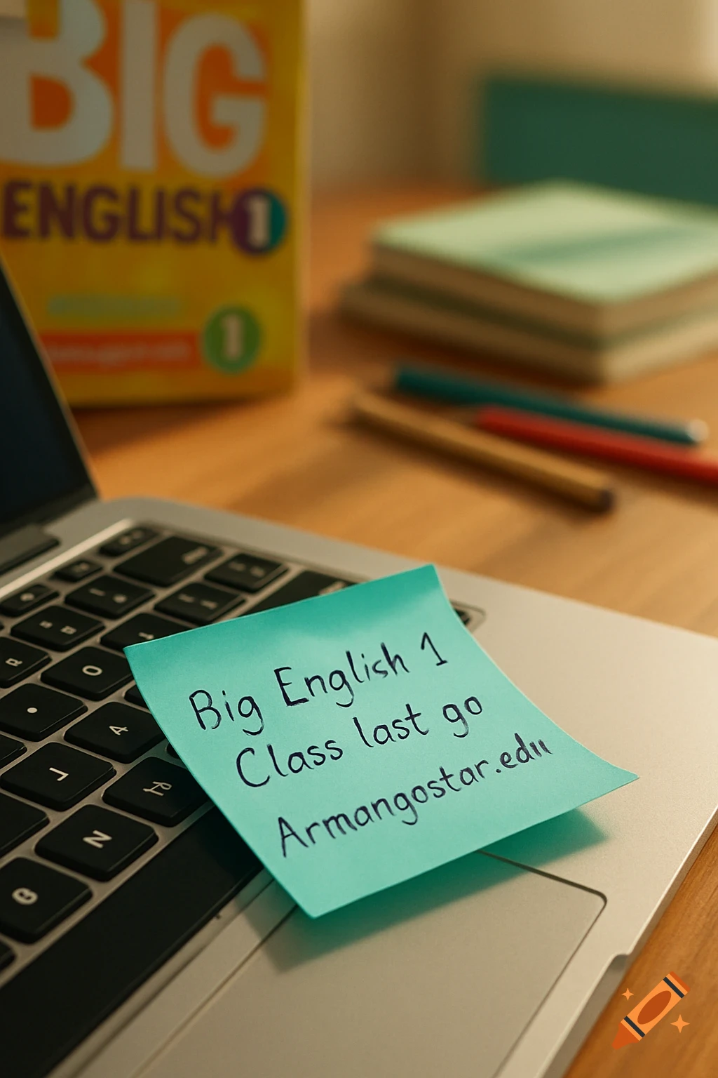 Photorealistic image of a blue sticky note with handwritten text on a laptop keyboard, with a 'Big English 1' textbook and pens in a blurred background.