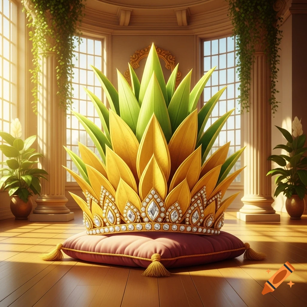 A golden, jeweled crown with green pineapple leaves sits on a red cushion in an opulent, sunlit room with large windows.