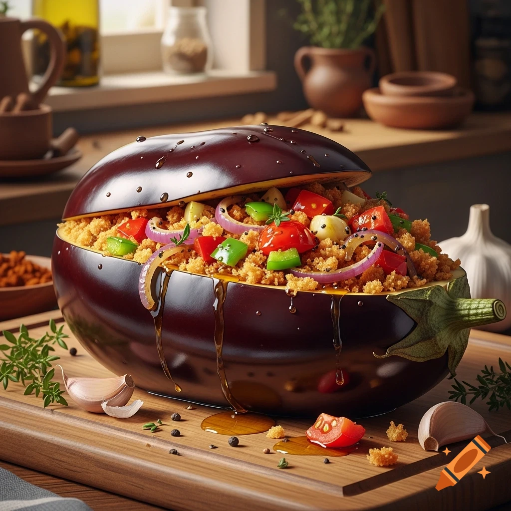 Photorealistic image of a large, round stuffed eggplant with colorful couscous, vegetables, and herbs on a wooden board.
