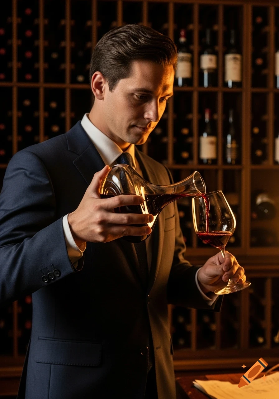 A sommelier in a suit meticulously pours red wine from a decanter into a glass in a luxurious wine cellar.