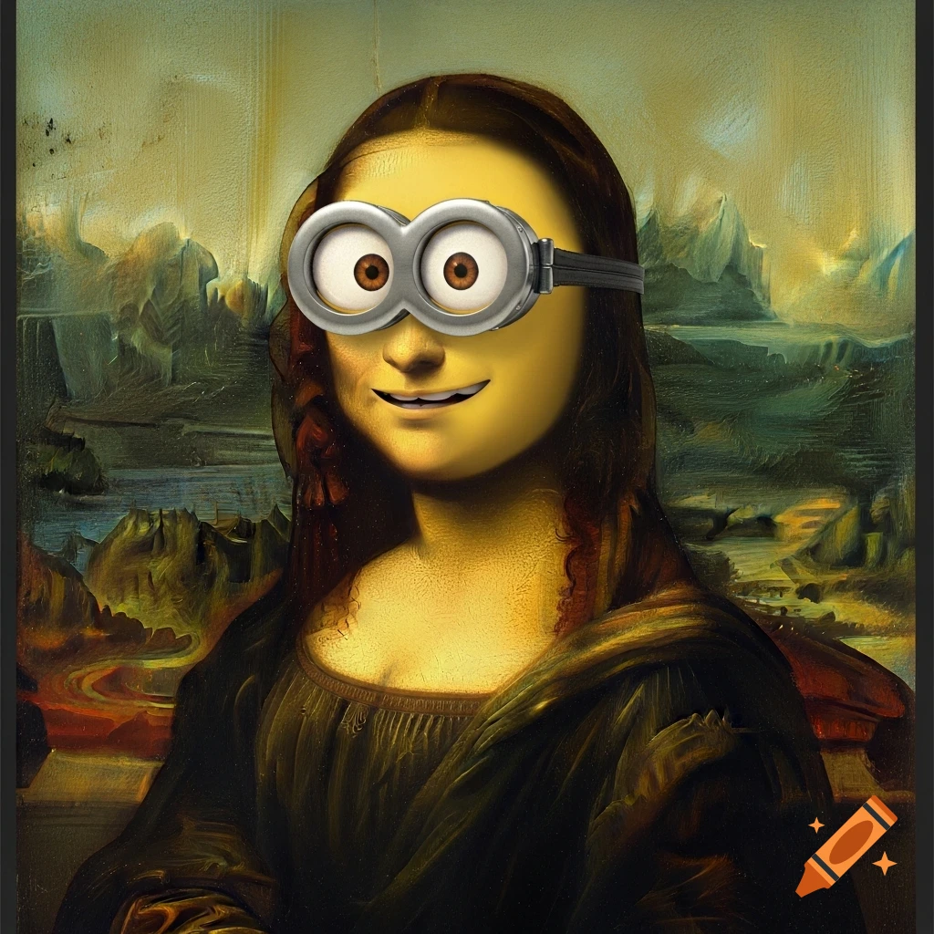 Mona Lisa's portrait with a yellow Minion face, wearing goggles and smiling.