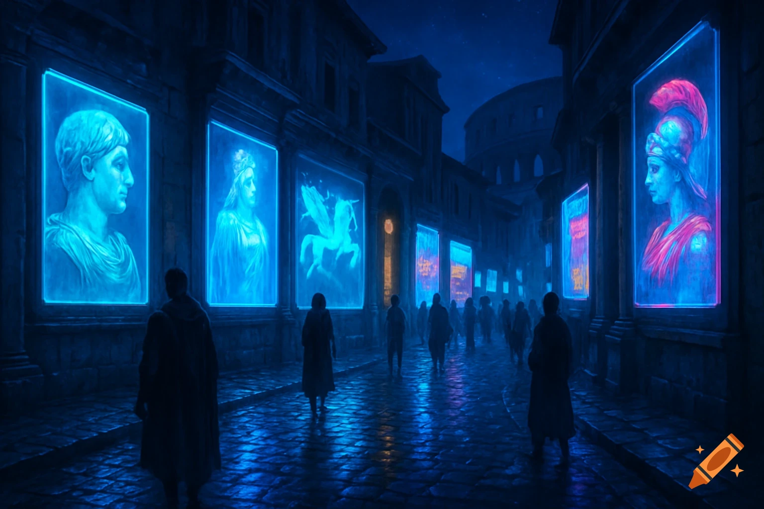A futuristic Roman city street at night, with people walking past buildings adorned with glowing blue and pink holographic screens.