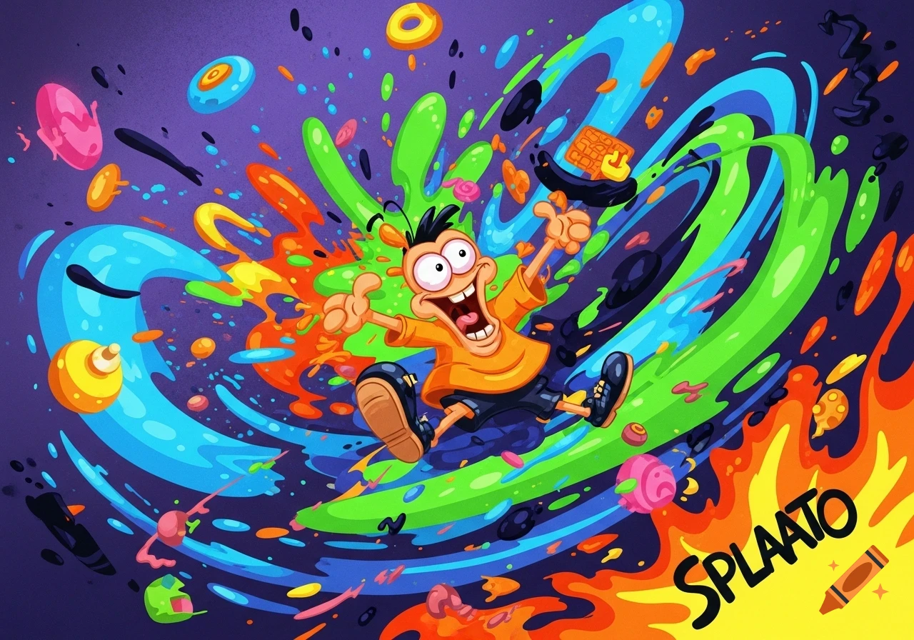 A vibrant, energetic cartoon illustration in the Klasky Csupo style, featuring a wide-eyed character amidst colorful splatters and swirls, with the word 'SPLAATO' in a fiery font.