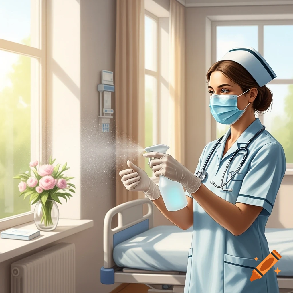 Nurse in uniform, mask, and gloves spraying disinfectant in a bright hospital room.