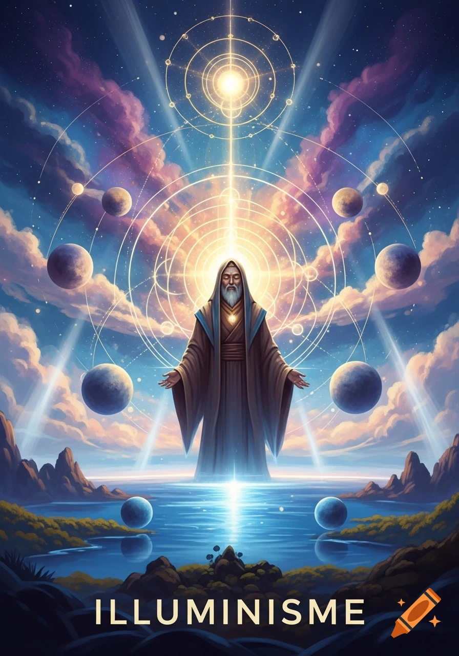 A mystical figure with a beard and robe stands with arms outstretched amidst celestial bodies, glowing light, a reflective lake, and mountains, with 'ILLUMINISME' text at the bottom.