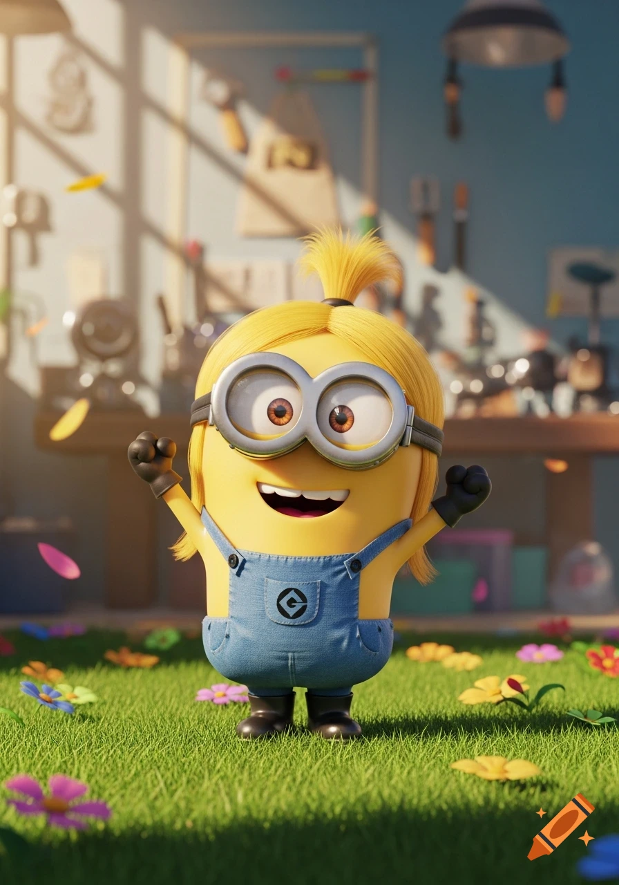 A cheerful Minion with a blonde ponytail and denim overalls stands in a grassy field with colorful flowers, bathed in sunlight.