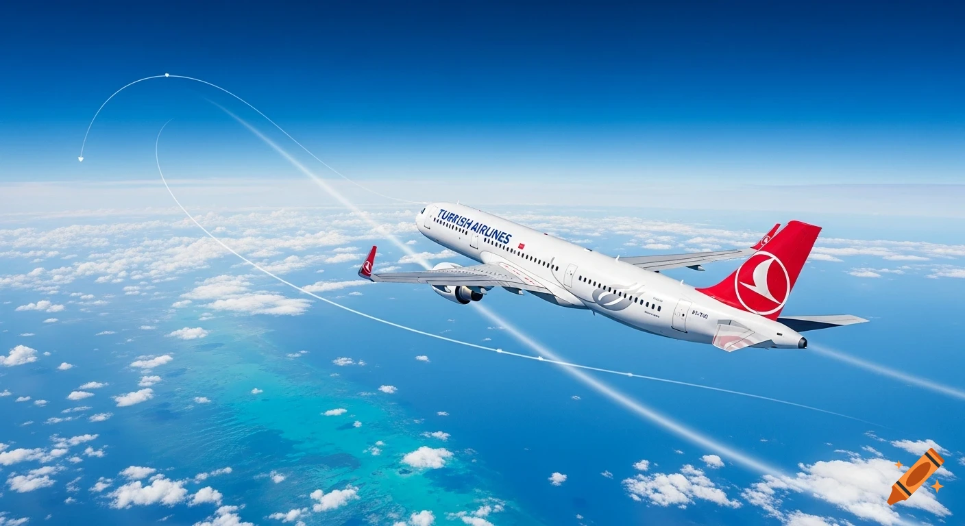 Photorealistic white Turkish Airlines plane with a red tail flies over a blue ocean with scattered clouds, leaving white contrails.