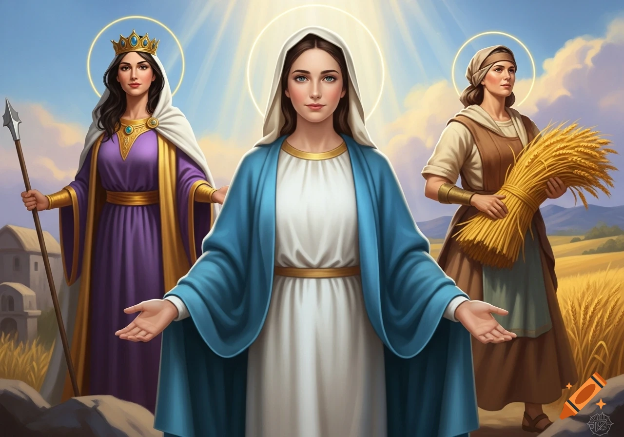 Three biblical women: Mary, a crowned queen with a spear, and a woman holding wheat, stand in a sunlit field.