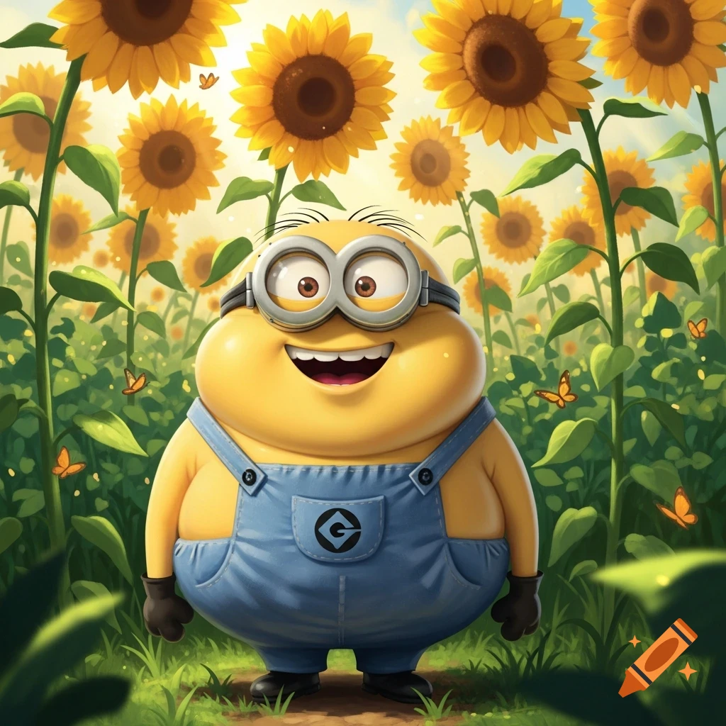 A cheerful, round Minion in blue overalls stands in a vibrant field of tall yellow sunflowers, with butterflies fluttering around.