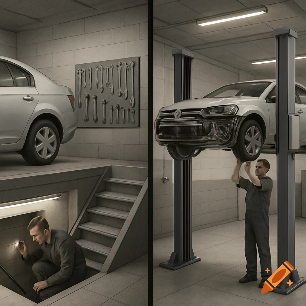 Detailed comparison of an automotive body shop. Left: a car over an inspection pit with a mechanic below. Right: a car lifted by hydraulics with a standing mechanic. Realistic style.