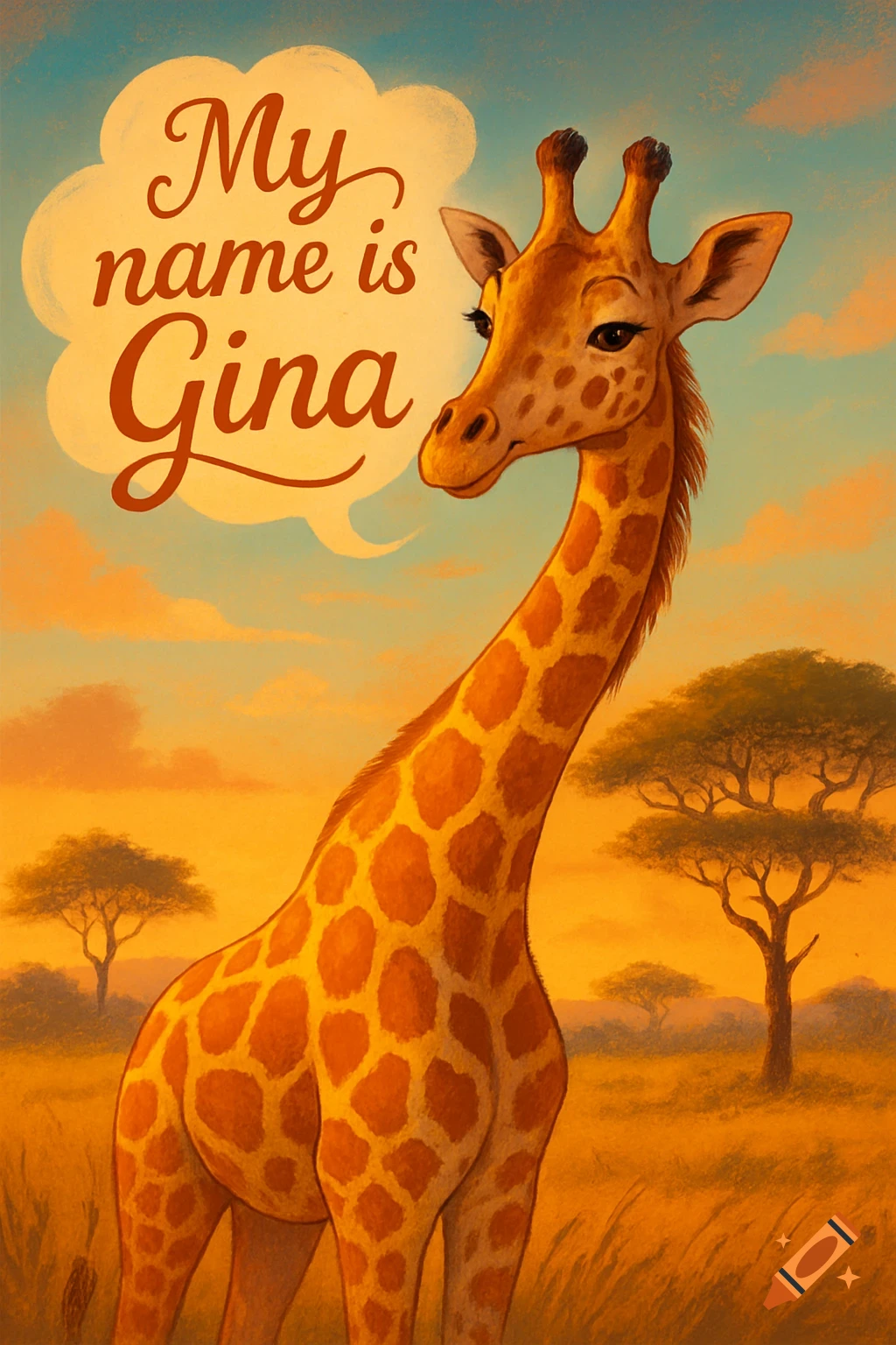 A stylized giraffe stands in a golden savanna at sunset, with a speech bubble saying "My name is Gina" above its head.
