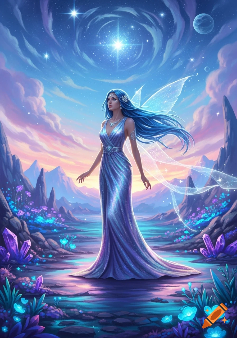 A beautiful blue-haired fairy in a shimmering dress stands in a magical alien landscape with glowing crystals and a cosmic starry sky.
