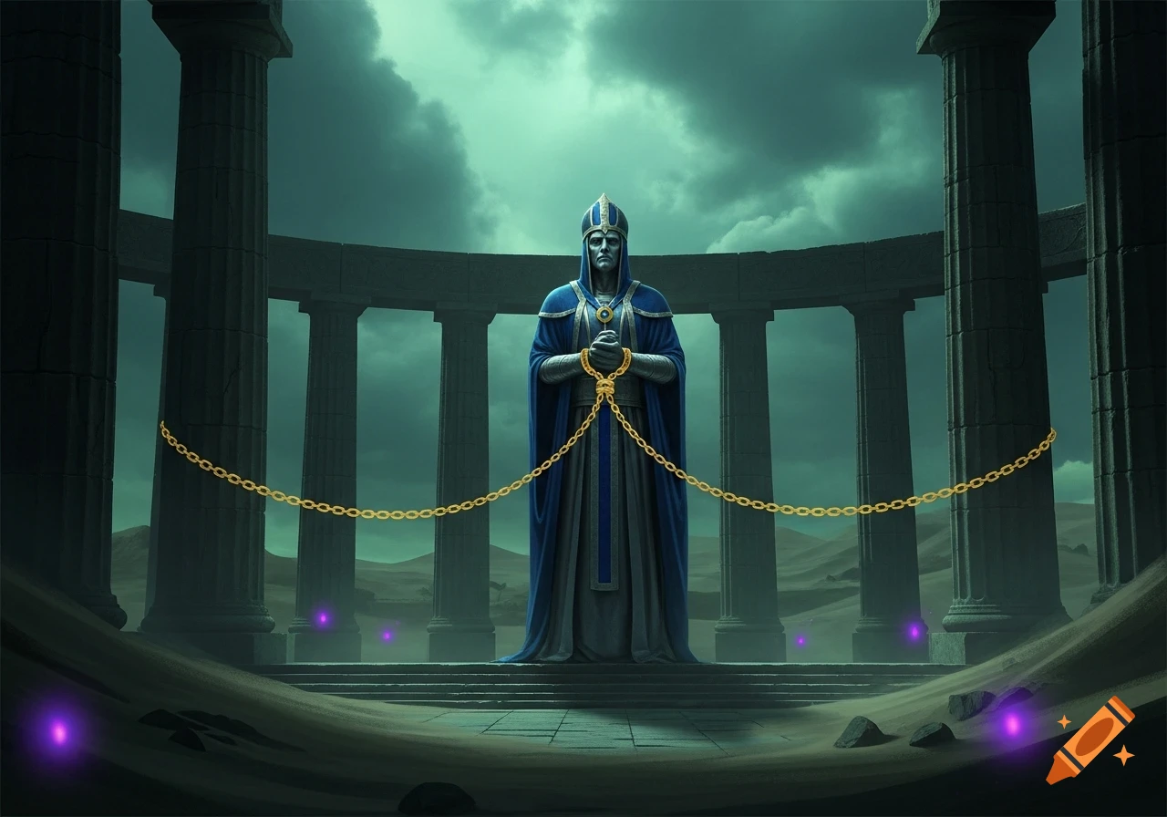 A blue-robed statue-like figure with chained hands stands amid dark ancient pillars under a green sky, with purple glowing lights on the sandy ground.