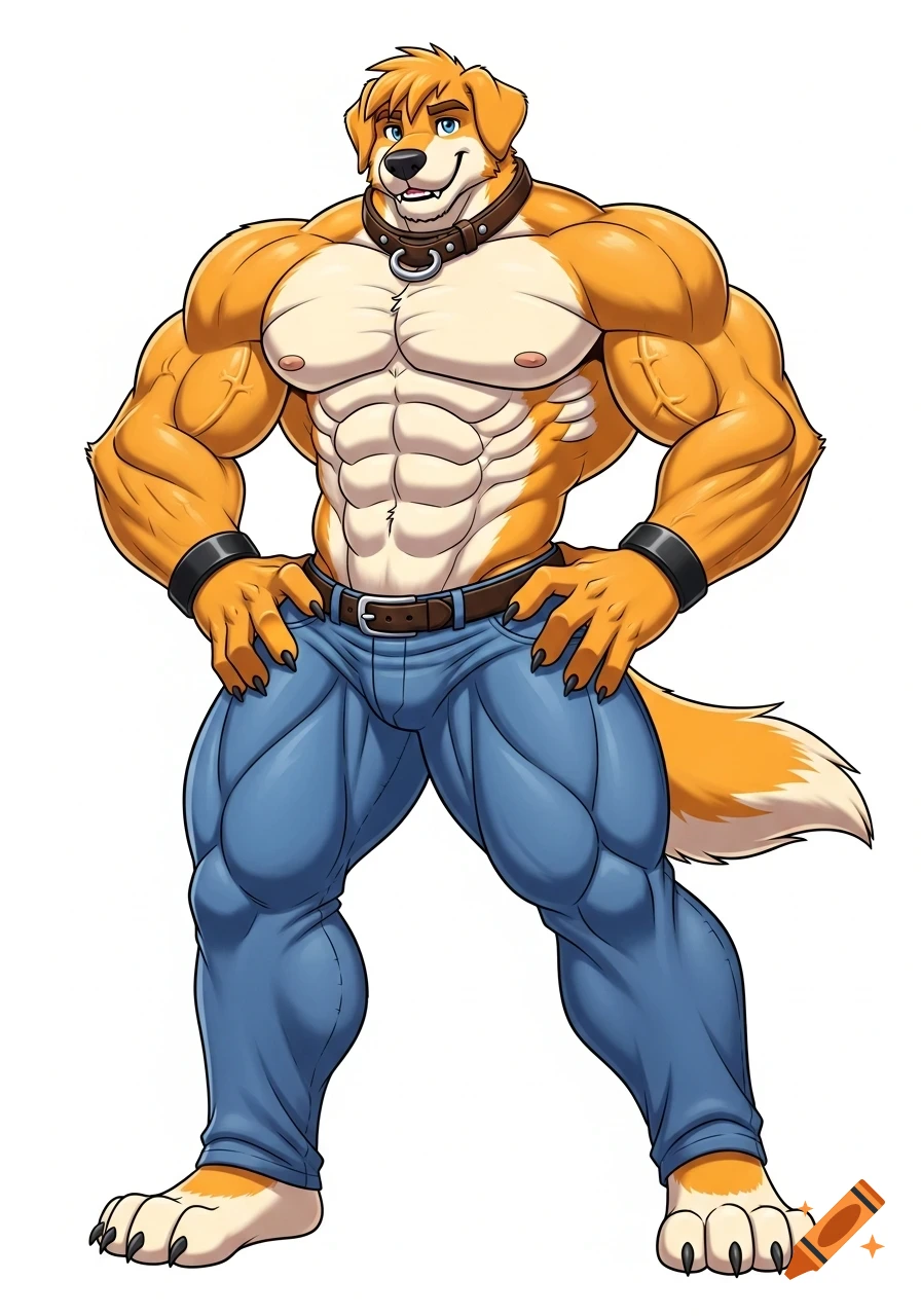 A muscular, smiling, orange anthropomorphic golden retriever in blue jeans and a collar, hands on hips, in a cel-shaded cartoon style.