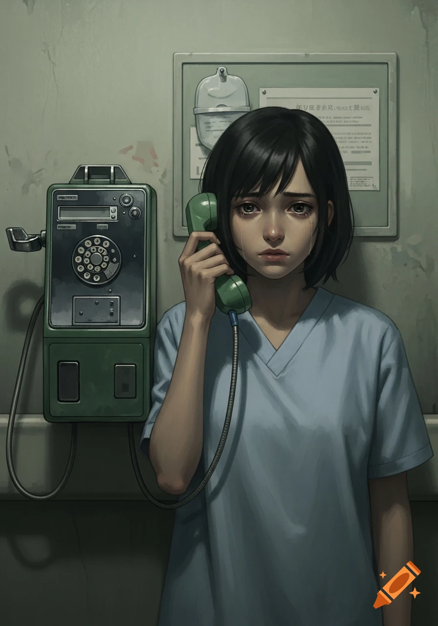 A sad young woman with short dark hair in a light blue top cries while holding a green payphone receiver in a somber, hospital-like room.