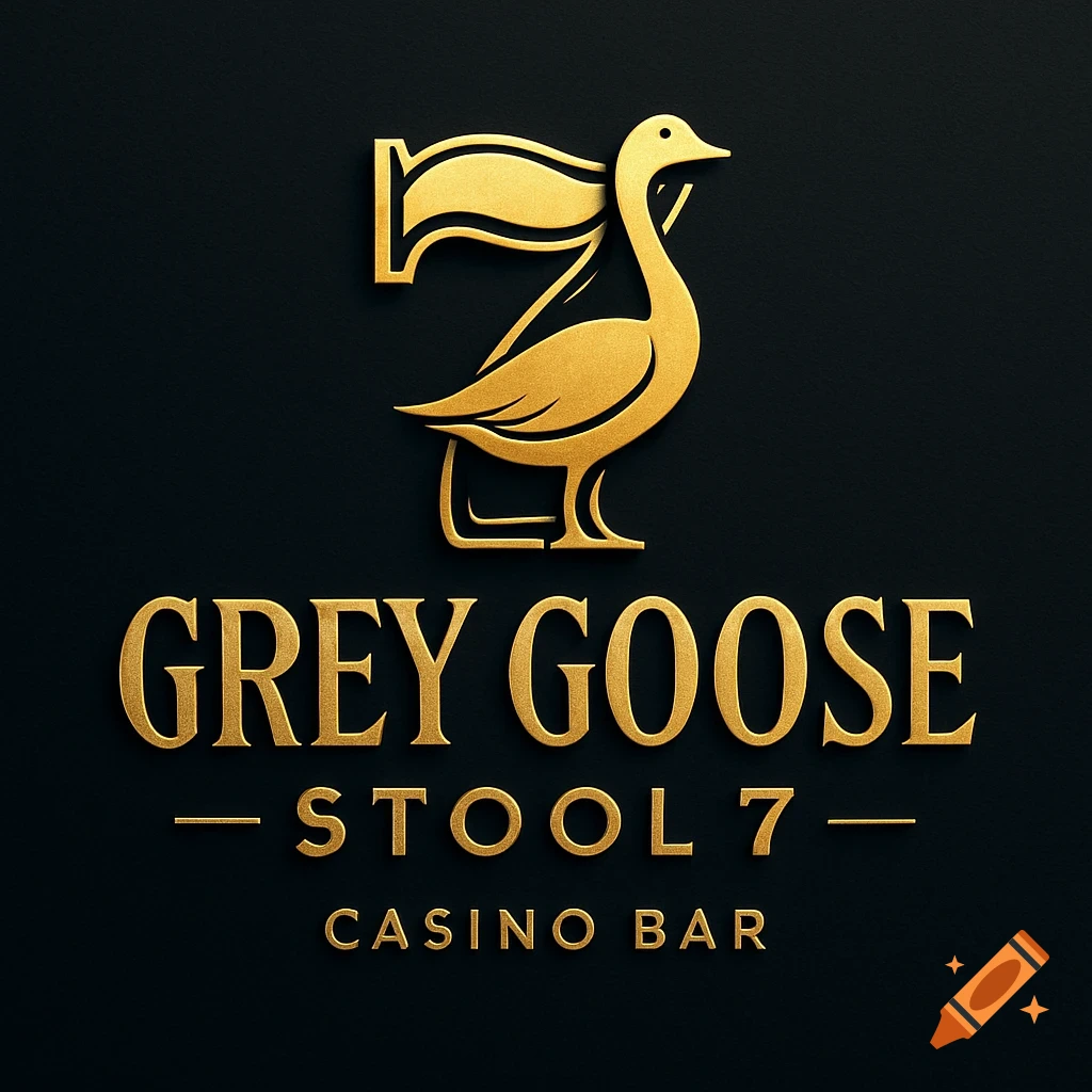 Gold 3D logo for 'Grey Goose Stool 7 Casino Bar' featuring a stylized goose intertwined with the number 7 on a dark background.