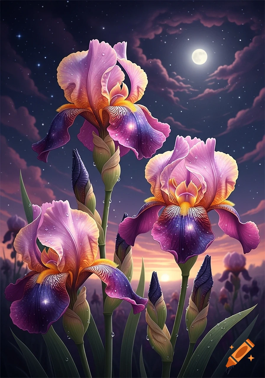 Vibrant fuchsia and violet irises with golden cosmic flecks and dewdrops under a starry night sky with a full moon.