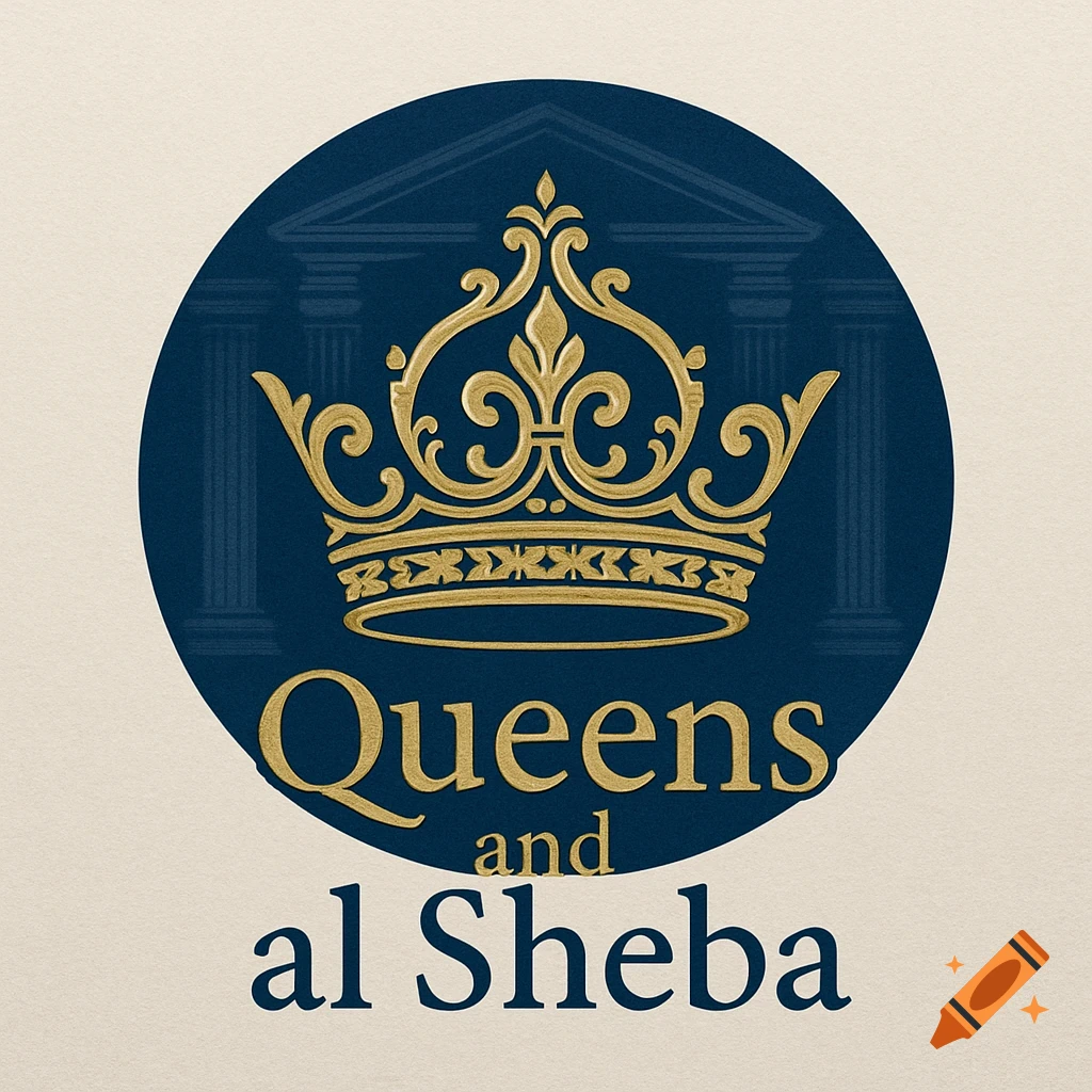 A royal-themed logo featuring a golden crown and architectural details on a dark blue circle, with "Queens and al Sheba" text.