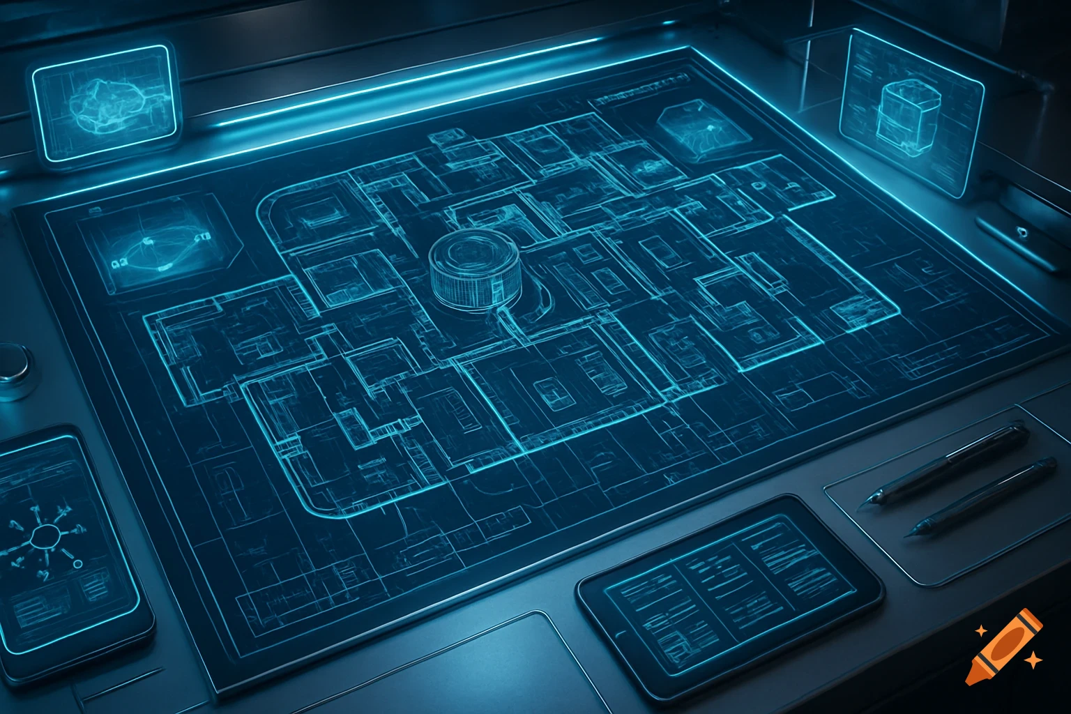 A futuristic blue glowing blueprint of a building or lab on a large interactive dark gray table with smaller screens and pens.