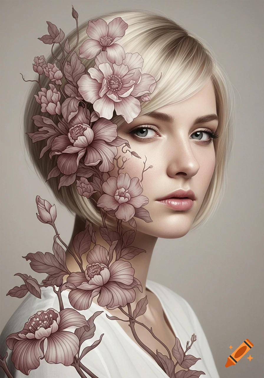 A surreal portrait of a woman with short blonde hair and blue eyes, her face and neck adorned with delicate, painterly pink flowers.