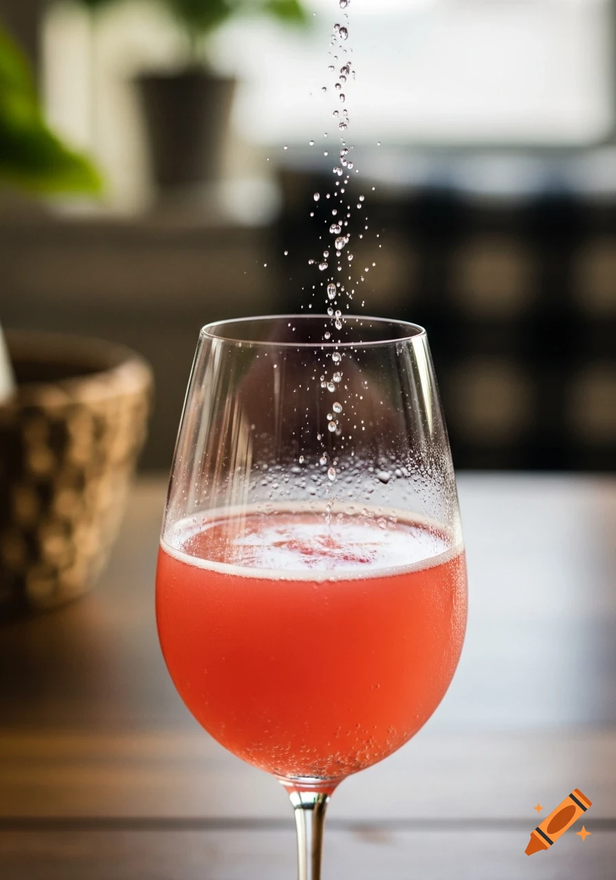 A close-up of a glass filled with a pink beverage, with liquid splashing into it, on a blurred background.