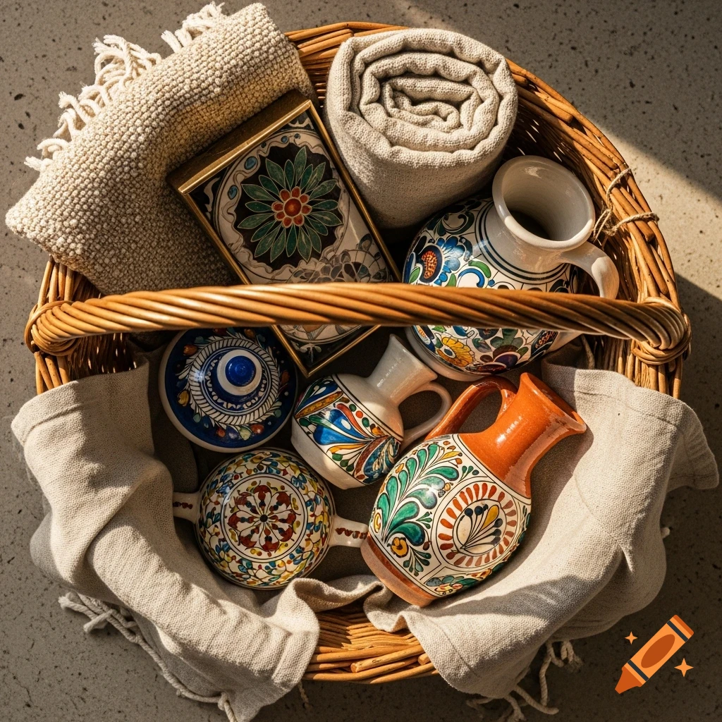 Top-down view of a wicker basket filled with colorful, patterned pottery, rolled textiles, and a decorative framed tile.