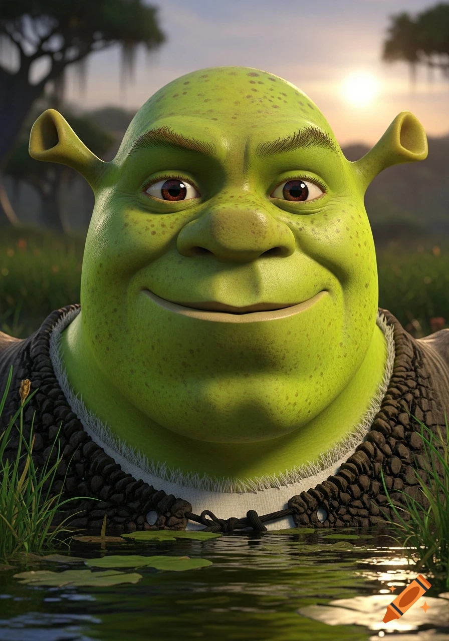 Hyperrealistic Shrek smiling, emerging from still water in a lush, green swamp at sunset.