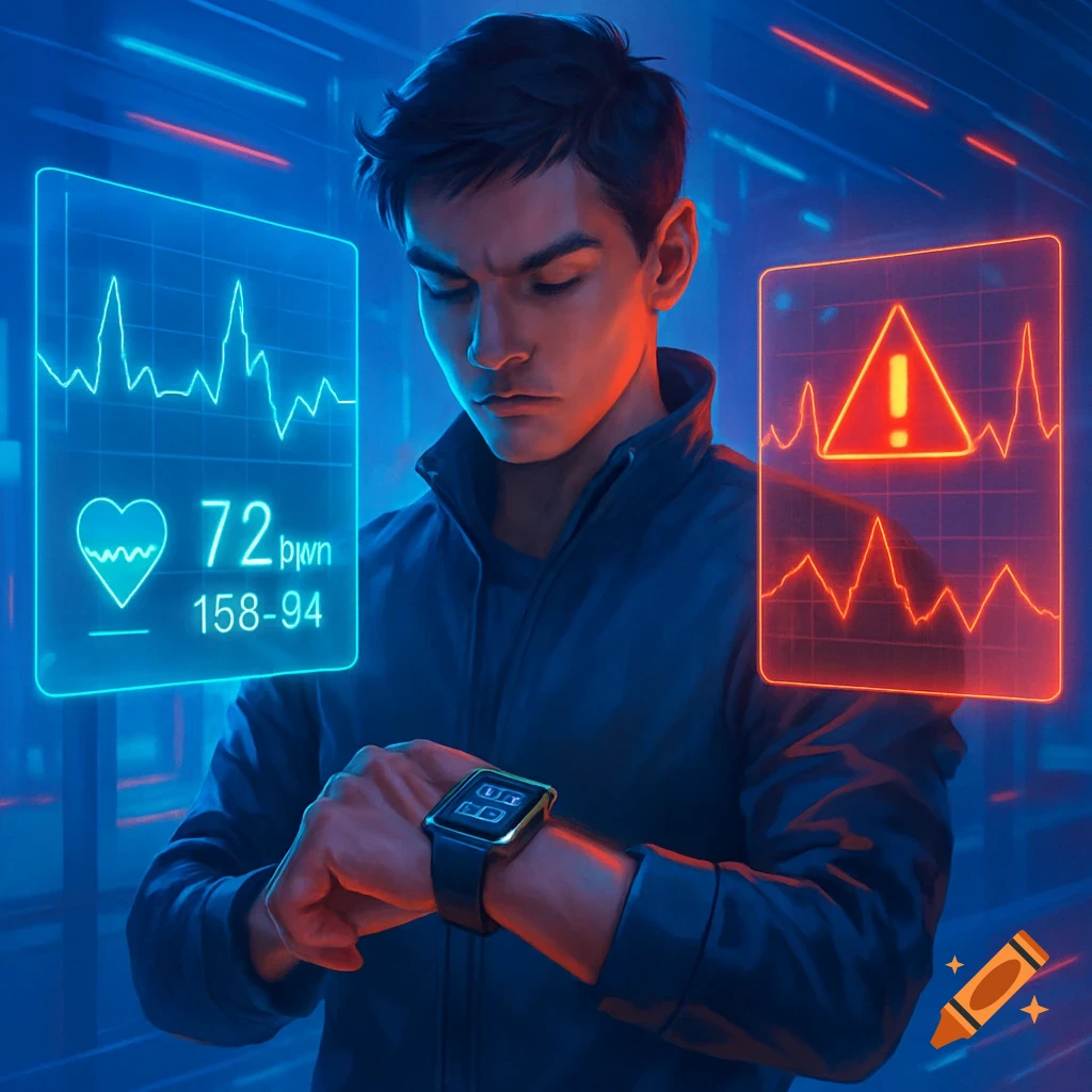 A man in a blue jacket checks his smartwatch displaying glowing blue and red holographic health data with graphs and a warning.