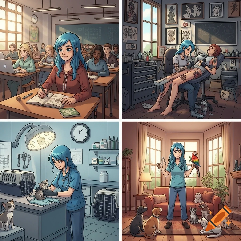 An anime-style 2x2 grid showing a blue-haired girl's life progression as a student, tattoo artist, veterinarian, and an adult with pets.