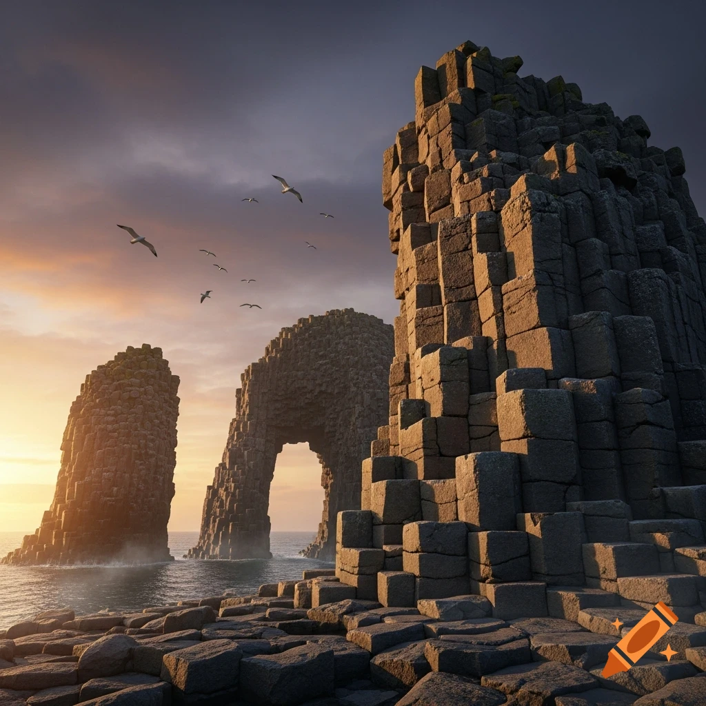 Photorealistic image of towering dark basalt columns forming archways and islands in the ocean at sunset with birds flying.