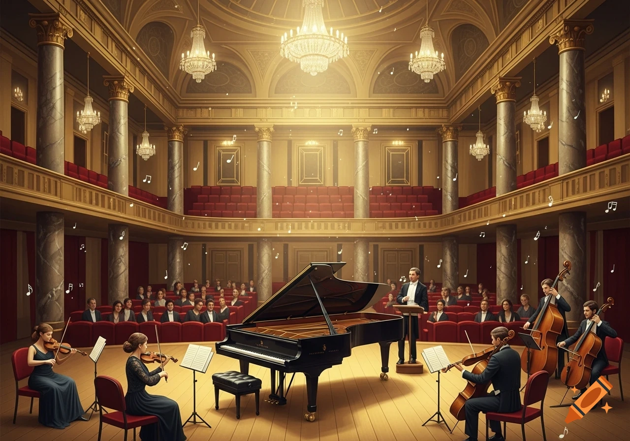 A classical orchestra performs in a grand, ornate concert hall with multiple chandeliers and an audience.