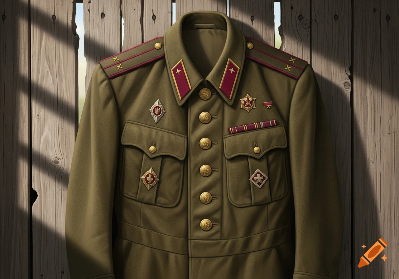 An olive green military uniform jacket with red and gold epaulets and various badges, hanging on a wooden fence.