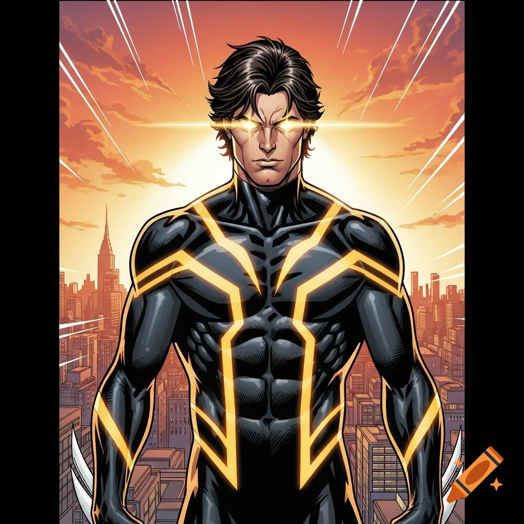A male superhero with dark hair and glowing gold eyes, wearing a black suit with gold glowing lines, stands above a city skyline at sunset in a comic book art style.