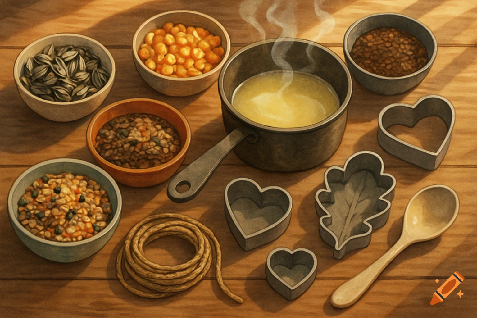 Bowls of seeds and corn, a pot of melted fat, heart and leaf cookie cutters, a spoon, and rope on a wooden table, in an illustrative style.