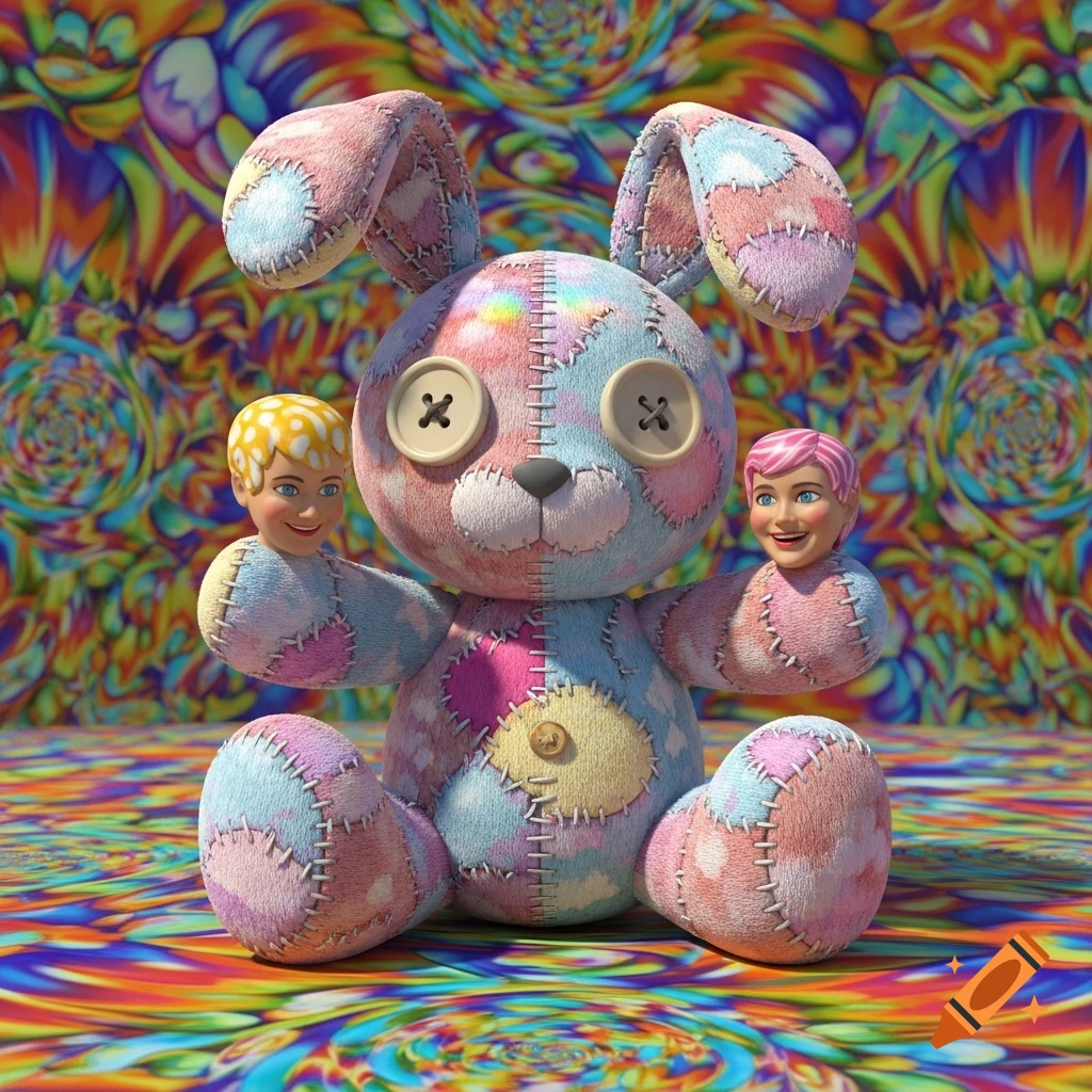 A patchwork stuffed bunny with doll heads for hands sits on a colorful psychedelic kaleidoscope pattern.