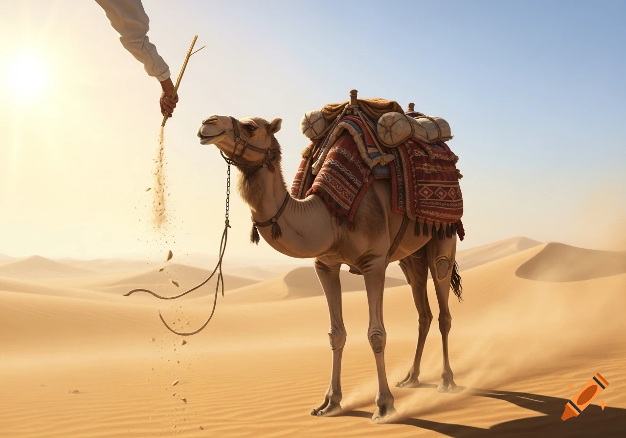 A human hand holds a stick over a saddled camel standing in a vast, sunny desert with sand dunes.