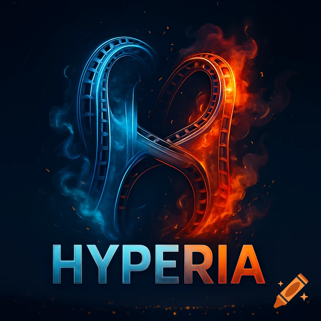 A dynamic logo featuring a stylized 'H' made of glowing blue and orange roller coaster tracks, with the word 'HYPERIA' below.