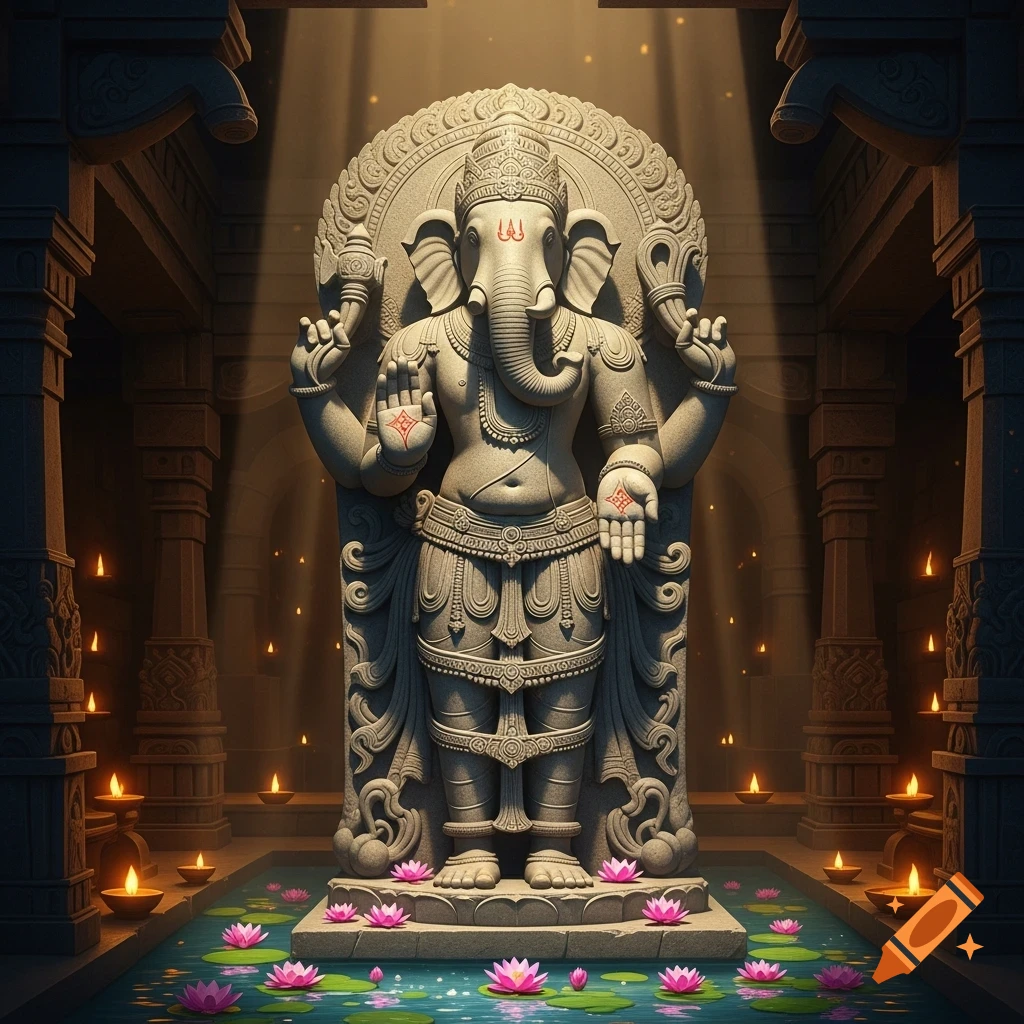 A majestic stone sculpture of Ganesha, the elephant-headed Hindu god, standing illuminated in a temple with floating pink lotus flowers.
