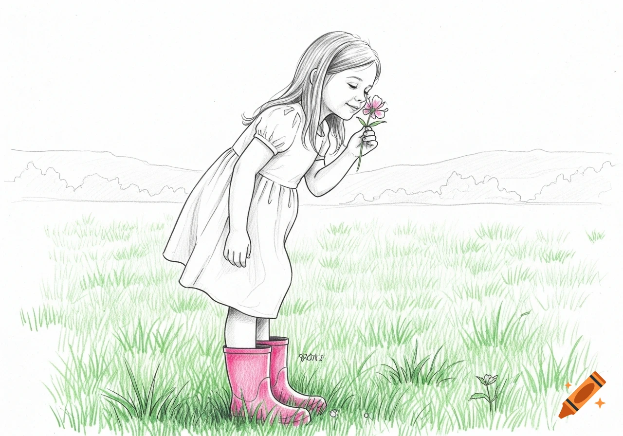 Pencil drawing of a smiling young girl in pink rubber boots standing in a grassy meadow, smelling a pink flower.