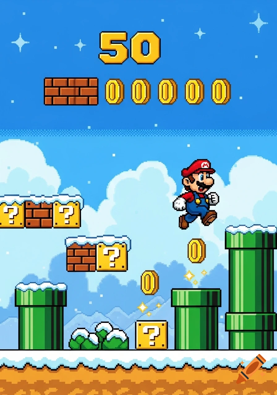 A pixel art Super Mario jumps in a snowy level with green pipes, question mark blocks, and coins under a blue sky.
