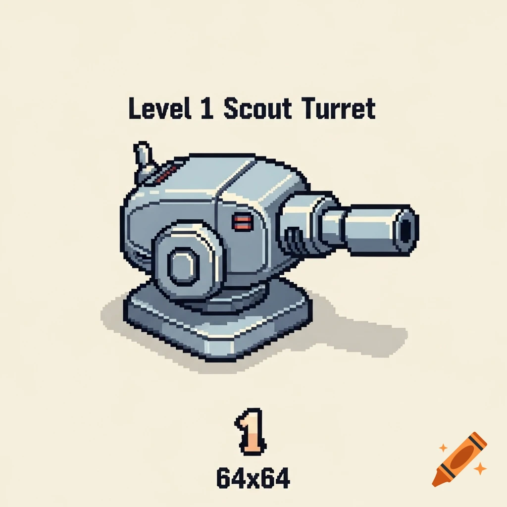A pixel art game sprite of a level 1 Scout Turret, a grey basic turret with a single gun barrel and a small base. Text reads "Level 1 Scout Turret" and "64x64".