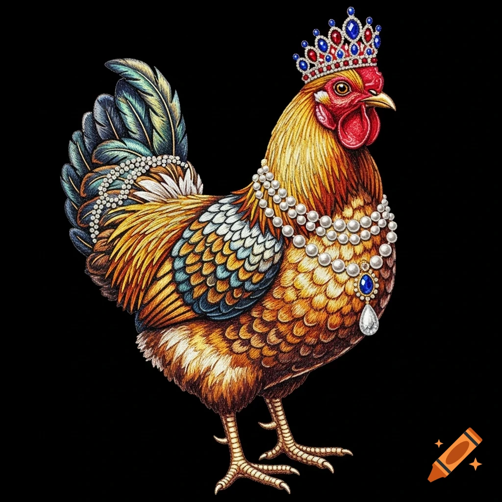 An embroidered chicken with colorful feathers wearing pearl necklaces and a jeweled crown on a black background.