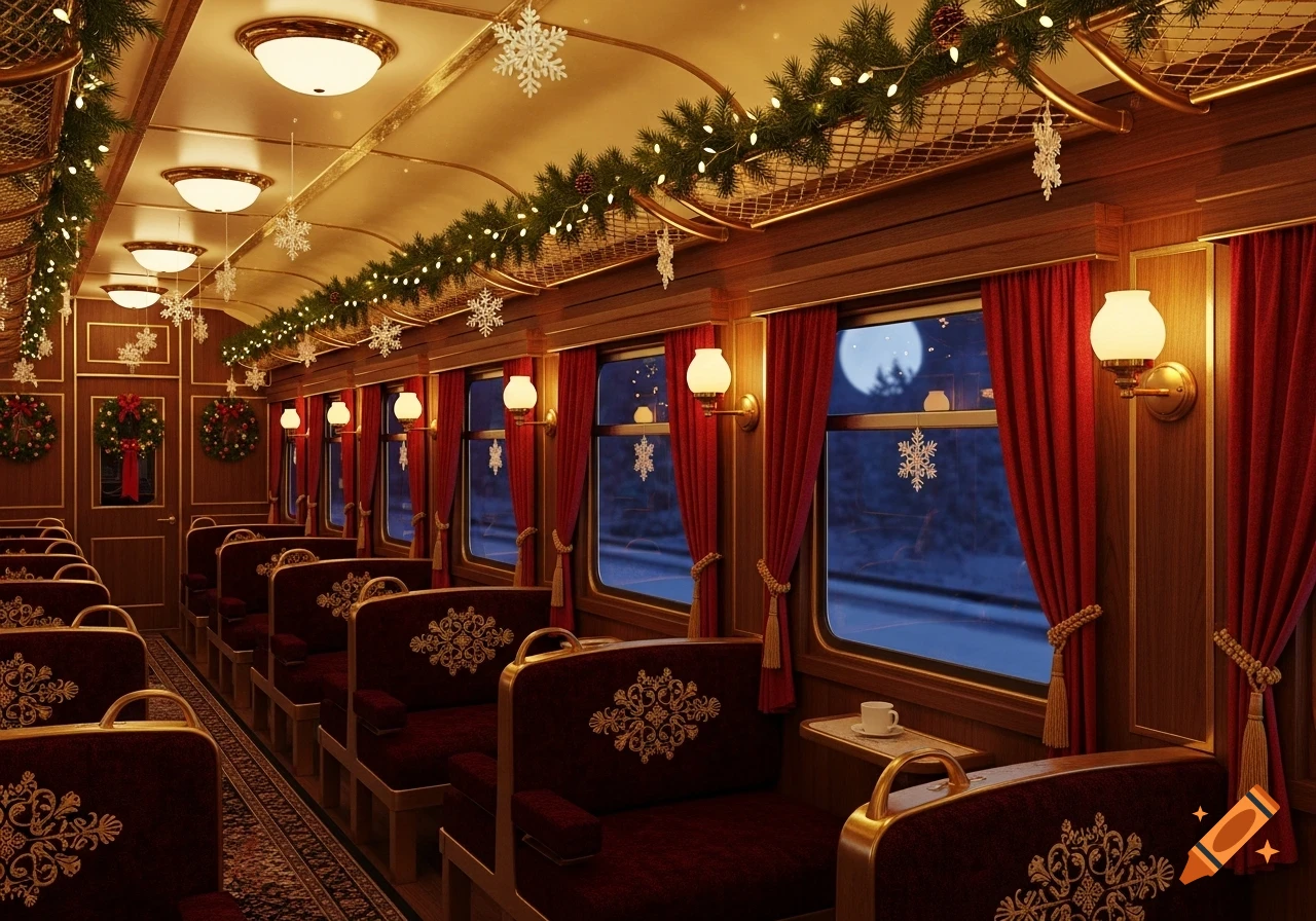 A luxurious train car interior decorated for Christmas, with red velvet seats, festive garlands, and snowflakes on the windows overlooking a snowy night.