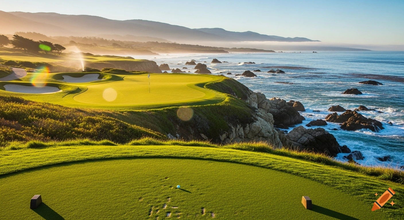 A scenic golf course with a green fairway and putting green on a cliff overlooking a rocky ocean shoreline with distant mountains.