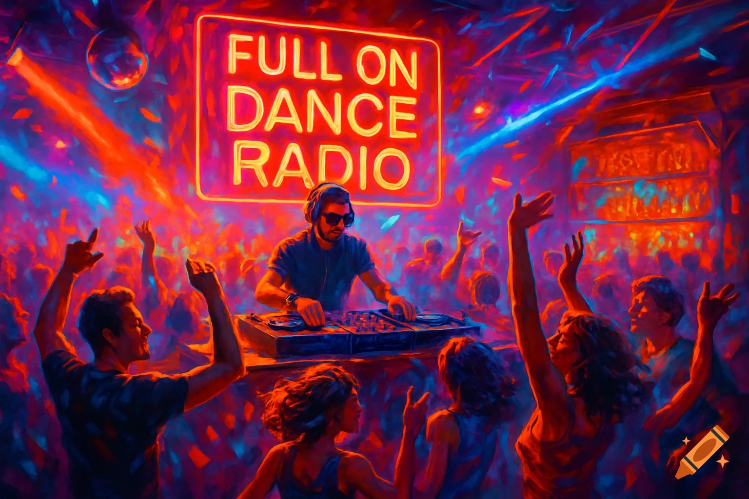 Stylized image of a DJ playing music in a vibrant neon-lit nightclub with a dancing crowd and a sign reading "FULL ON DANCE RADIO".