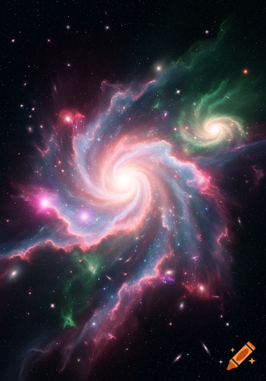 A vibrant spiral galaxy with a bright core, surrounded by swirling pink, blue, and green nebulae and countless stars in deep space.