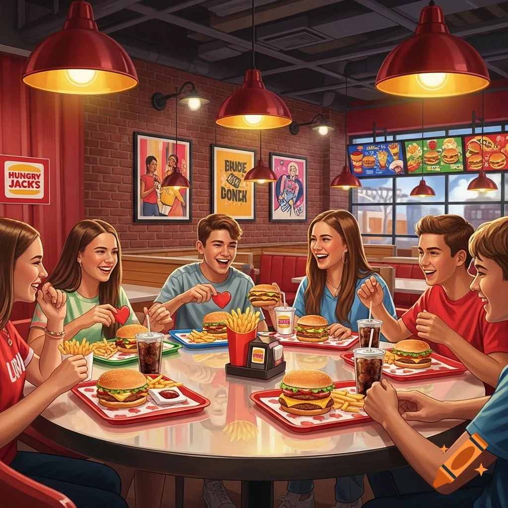 Six smiling teenagers eat burgers and fries at a round table in a vibrant fast food restaurant with a 'Hungry Jacks' sign.