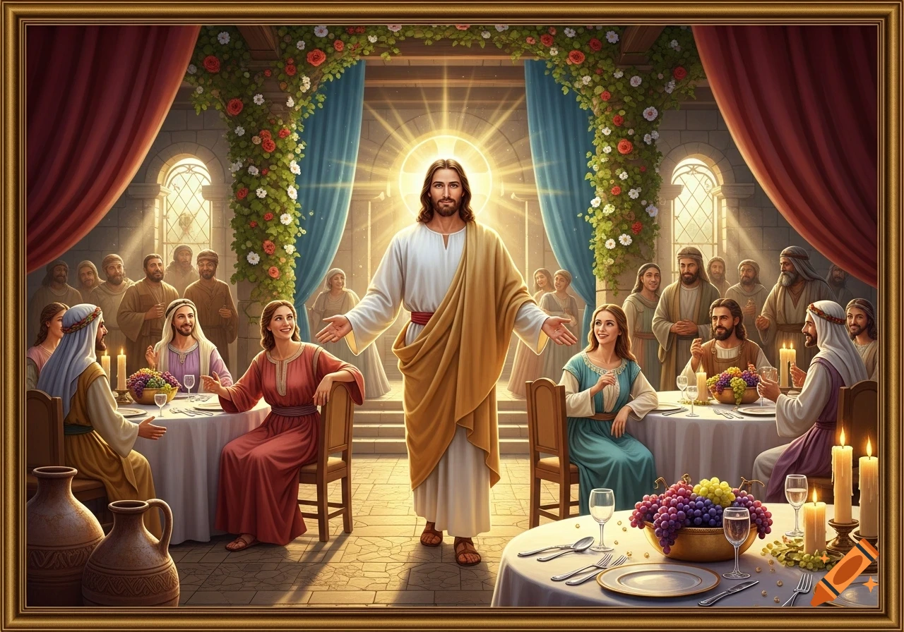 Jesus, glowing with light, stands at a wedding feast surrounded by guests in a richly decorated hall, painted in a vibrant style.